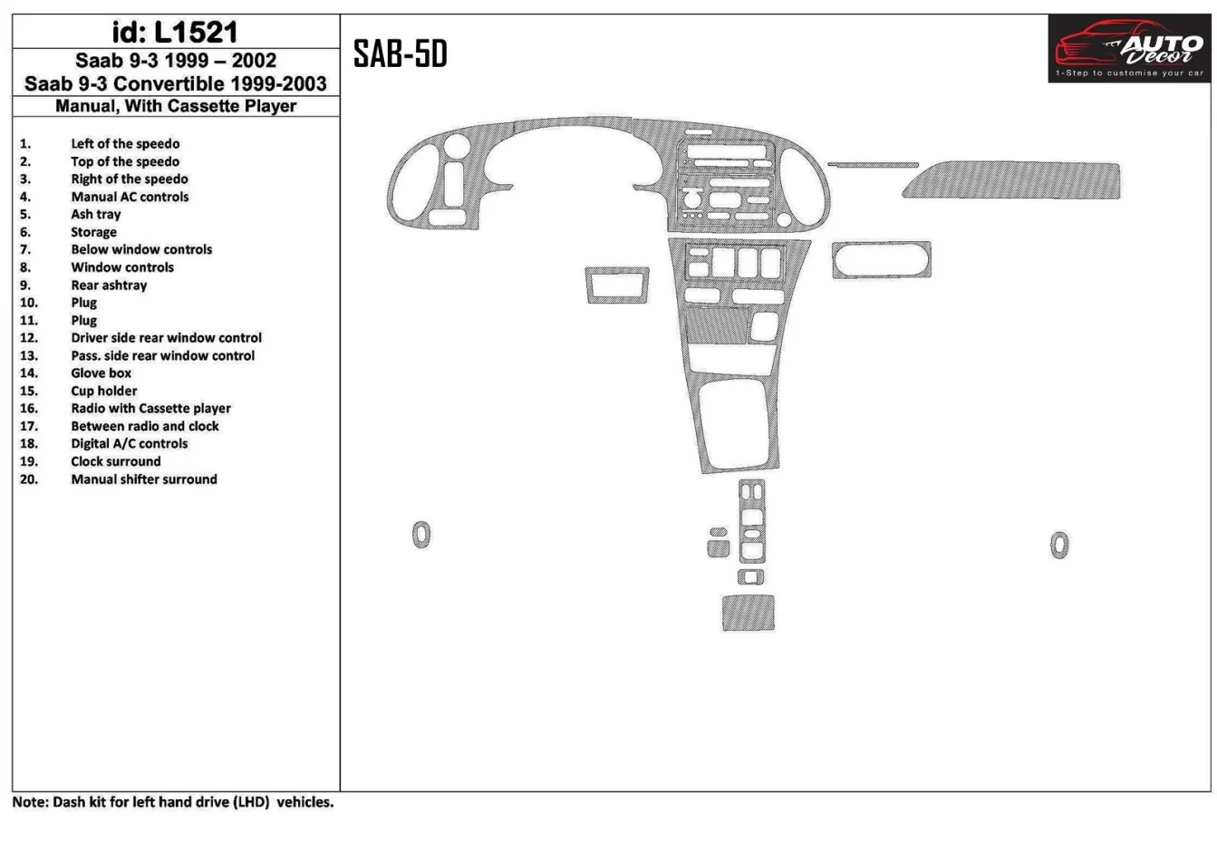 Saab 9-3 1999-2002 Manuálna prevodovka, S kompaktným kazetovým prehrávačom, Bez OEM, Súprava 20 dielov Interiér BD Dash Trim Kit