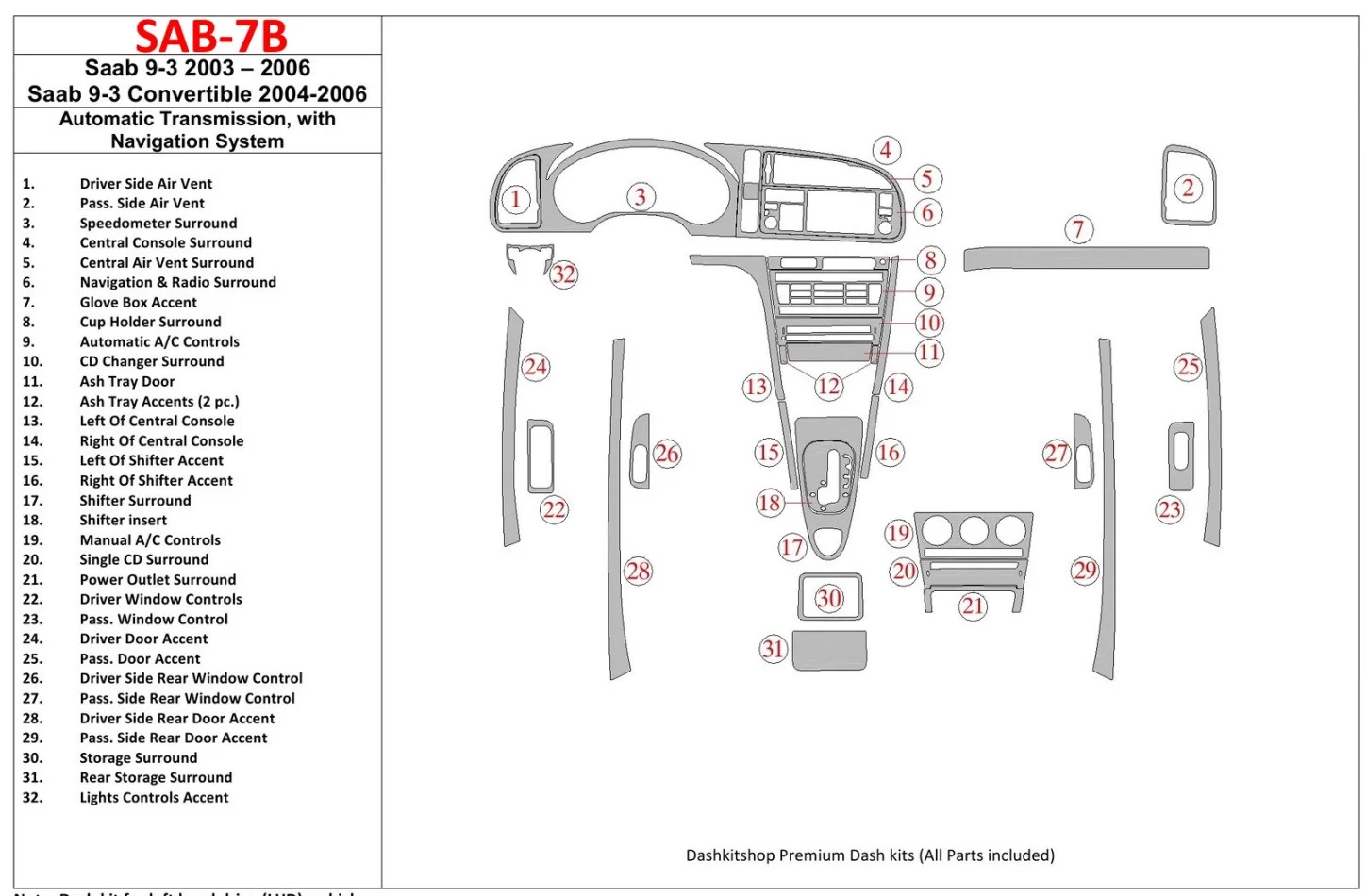 Saab 9-3 2003-2006 Automatická prevodovka, so systémom NAVI Interiér BD Dash Trim Kit - 1