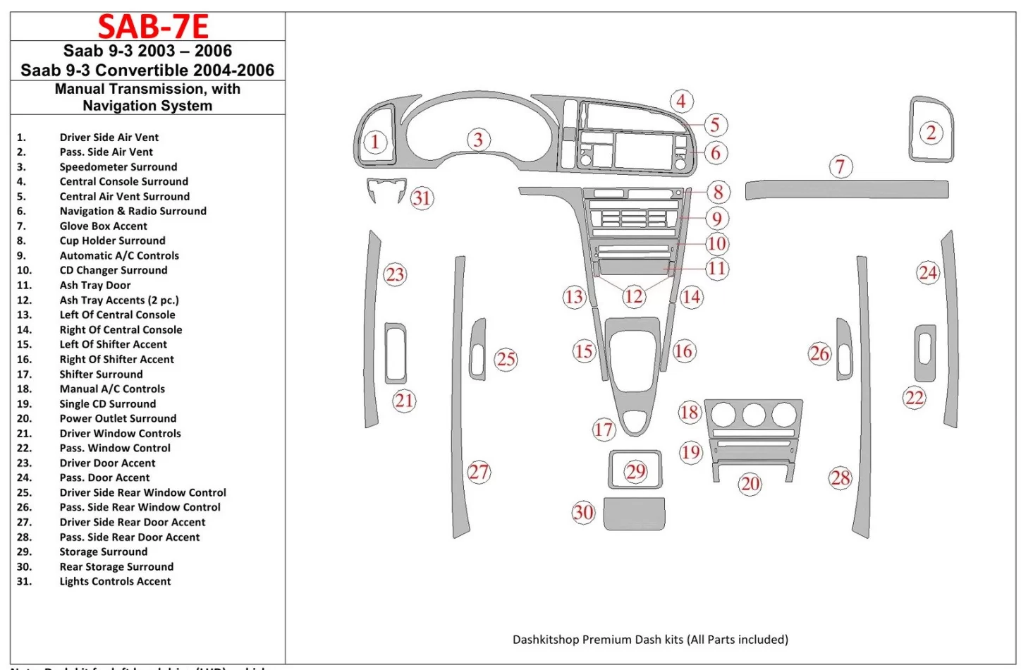 Saab 9-3 2003-2006 manuálna prevodovka, s NAVI interiérom BD Dash Trim Kit - 1