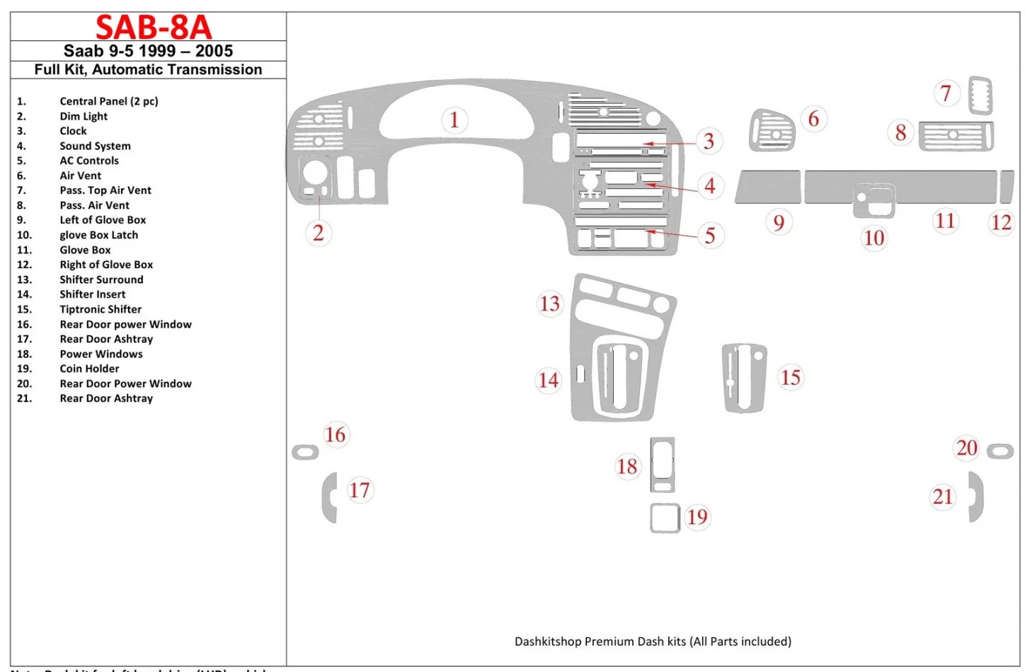 Saab 9-5 1999-2005 Kompletná sada, interiér automatickej prevodovky BD Dash Dekor Kit - 1