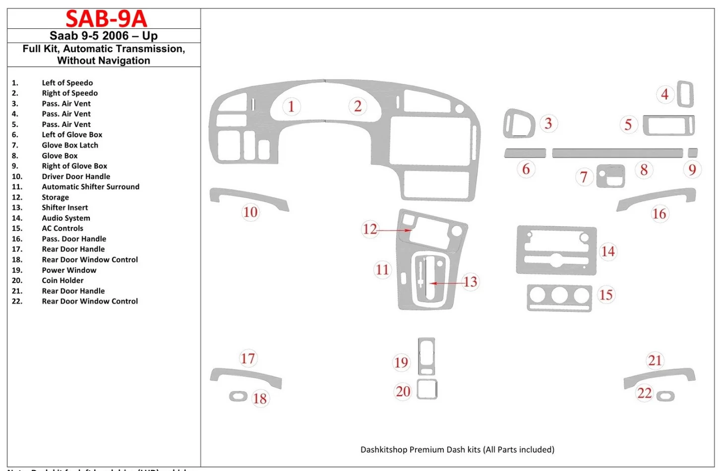 Saab 9-5 2006-UP, kompletná sada, automatická prevodovka, bez NAVI interiér BD súprava obloženia palubnej dosky - 1