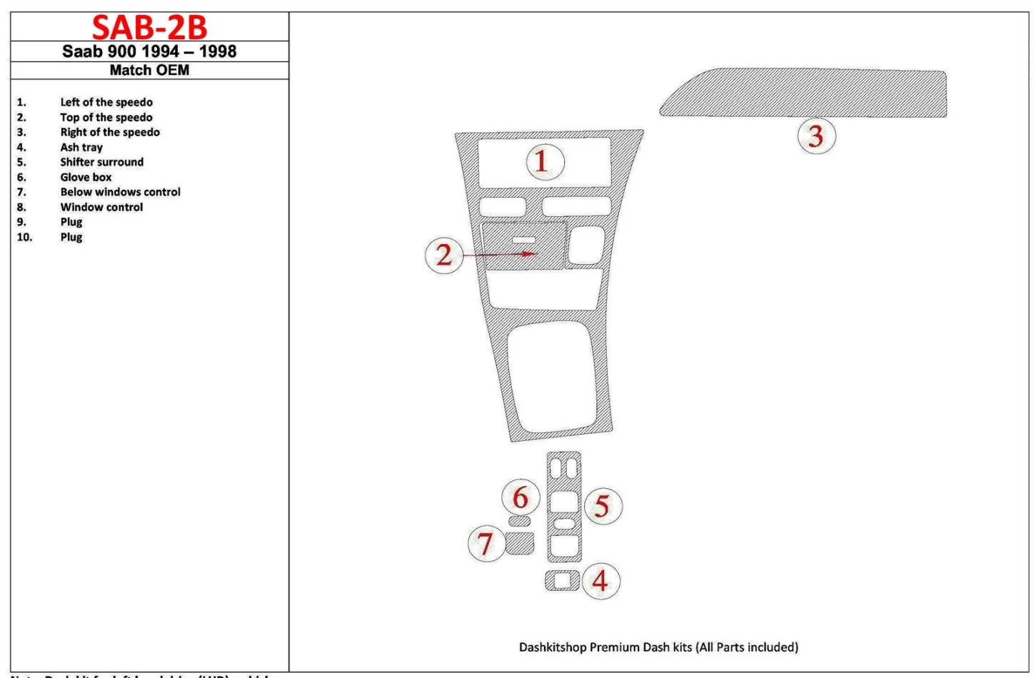 Saab 900 1994-1998 zhoda s OEM, súprava 7 dielov Interiér BD Dash Trim Kit - 1