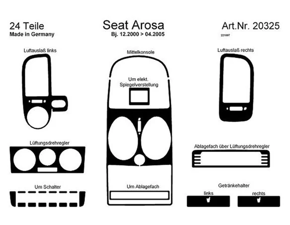 Seat Arosa 02.01-04.05 Súprava obloženia palubnej dosky interiéru 3D Dekor na palubnú dosku 24 dielov