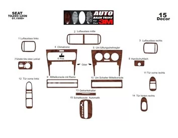 Seat Toledo-Leon 1M 01.99-03.04 3D Súprava obloženia palubnej dosky interiéru Dekorácia palubnej dosky 15 dielov