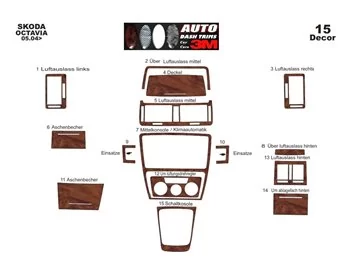 Škoda Octavia A5 1Z 05.04-08.09 3D Súprava obloženia palubnej dosky interiéru Dekorácia palubnej dosky 15 dielov