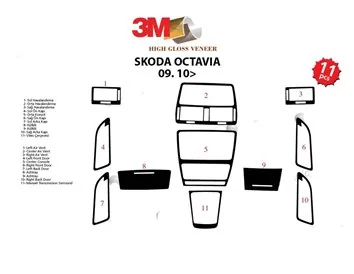 Skoda Octavia A5 1Z 09.2009 Súprava obloženia palubnej dosky 3D interiéru Dekorácia palubnej dosky 11 dielov