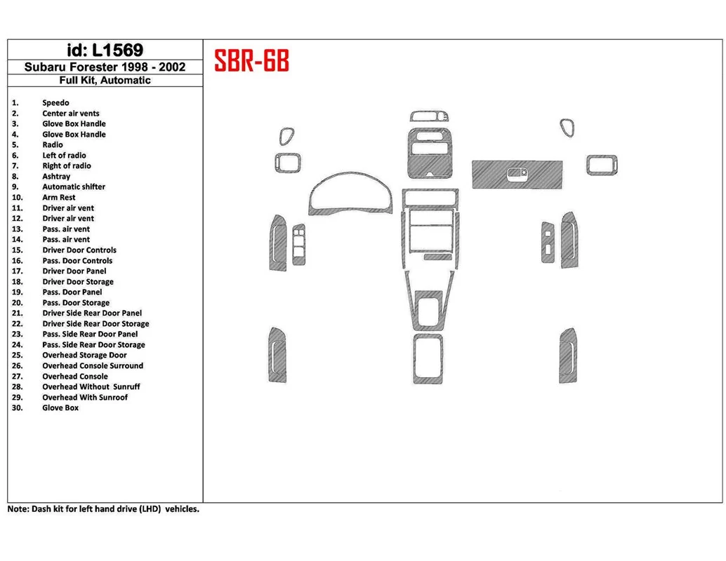 Subaru Forester 1998-2002 automatická prevodovka, kompletná sada, sada 30 dielov Interiér BD Dash Trim Kit - 1
