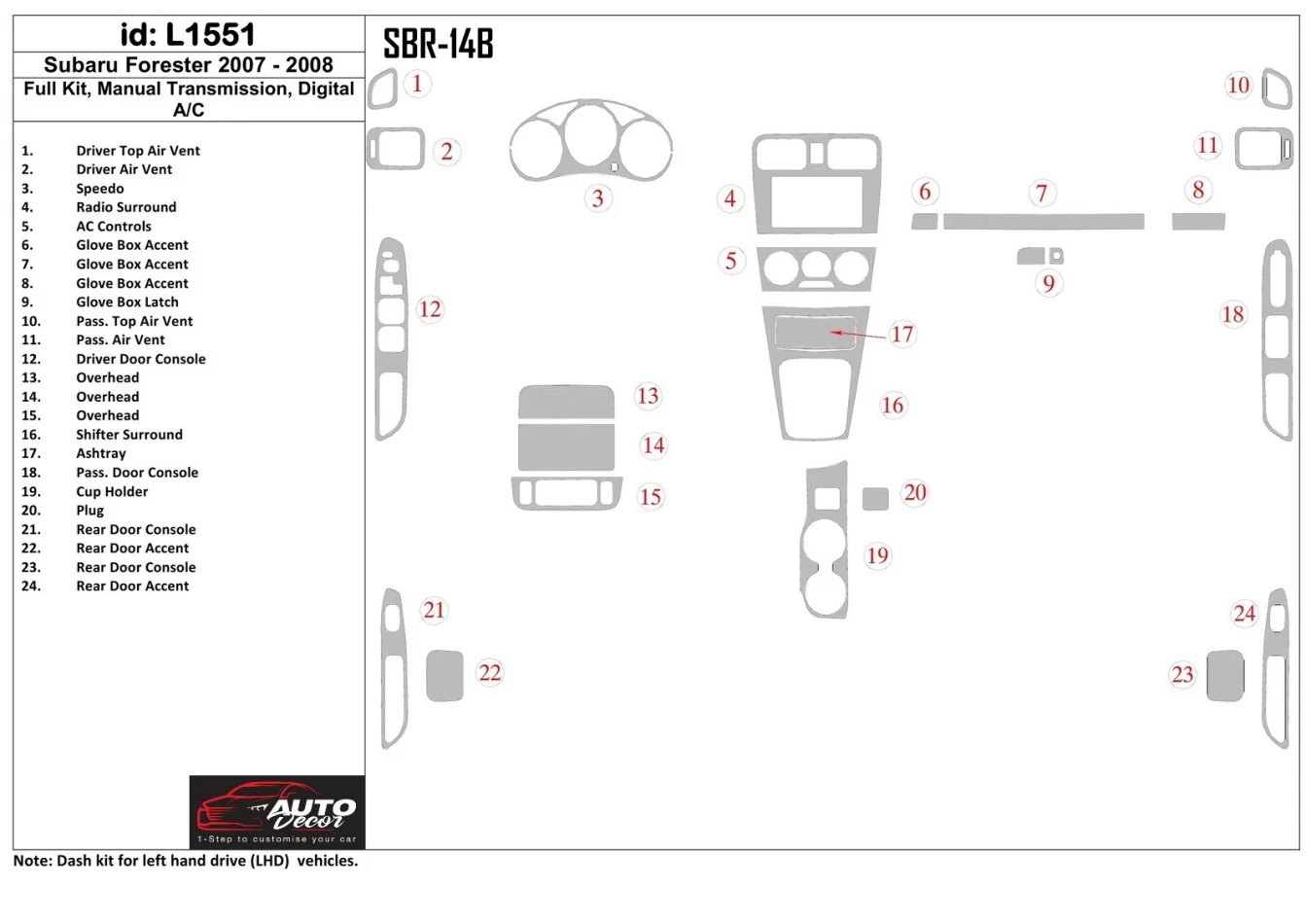 Subaru Forester 2007-2008 kompletná sada, automatická prevodovka, manuálna prevodovka AC interiér BD súprava obloženia palubnej 