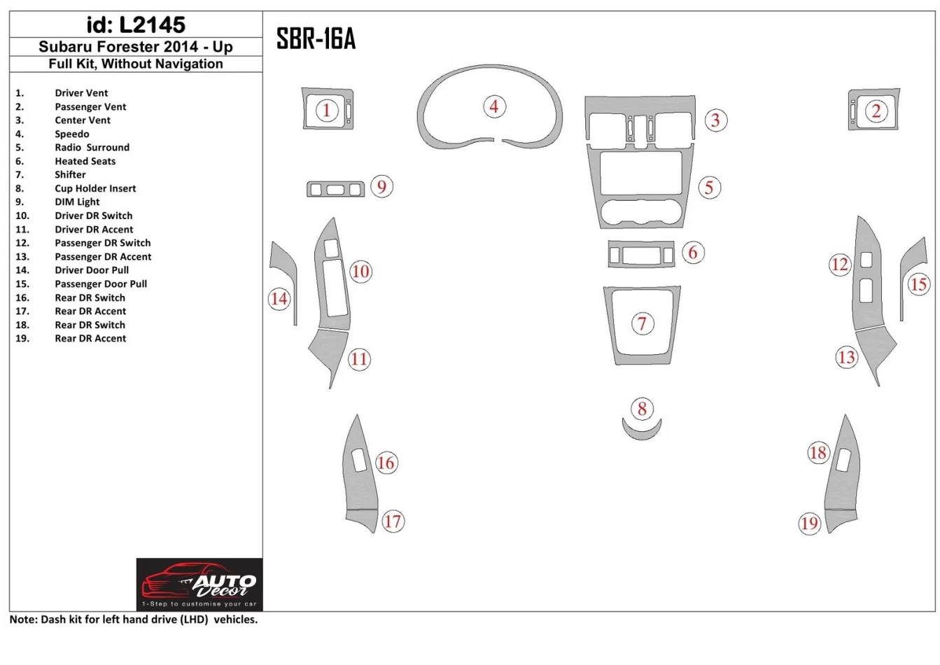 Kompletná súprava Subaru Forester 2014-UP s vnútornou súpravou NAVI BD Dash Trim Kit - 1