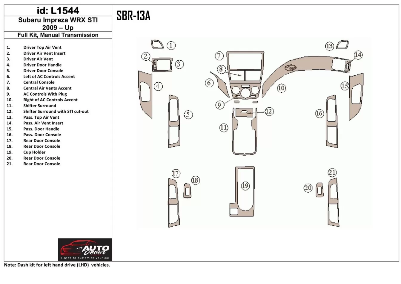 Subaru Impreza 2009-UP kompletná sada, interiér manuálnej prevodovky BD súprava obloženia palubnej dosky - 1