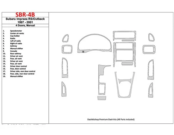 Subaru Impreza RS 1997-UP 4 dvere, manuálna prevodovka, sada 19 dielov Interiér BD Súprava obloženia palubnej dosky - 1