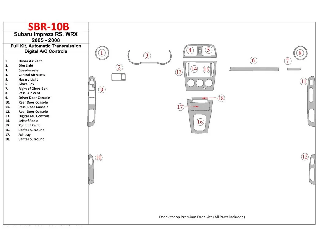 Subaru Impreza WRX 2005-2008 Kompletná sada, Automatická prevodovka, Automatická súprava AC ovládania interiéru BD Dash Dekor Ki