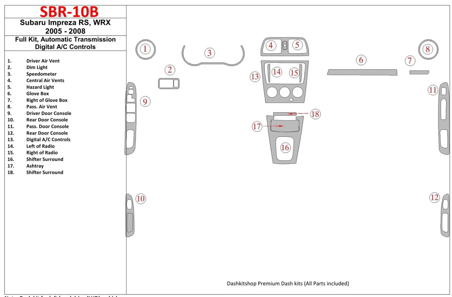 Subaru Impreza WRX 2005-2008 Kompletná sada, Automatická prevodovka, Automatická súprava AC ovládania interiéru BD Dash Dekor Ki