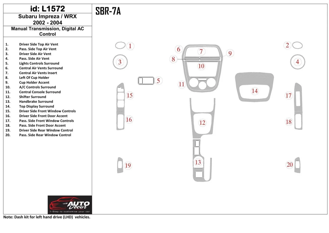 Subaru Impreza/WRX 2002-2004 manuálna prevodovka, súprava automatickej regulácie striedavého prúdu interiéru BD - 1