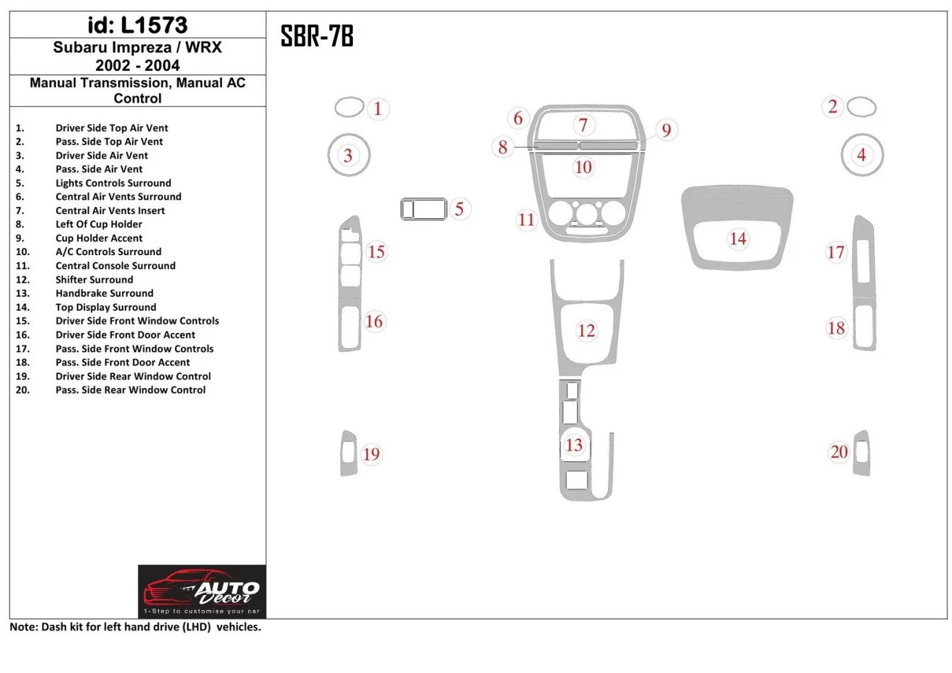 Subaru Impreza/WRX 2002-2004 manuálna prevodovka, manuálna prevodovka AC ovládanie interiéru BD súprava obloženia palubnej dosky