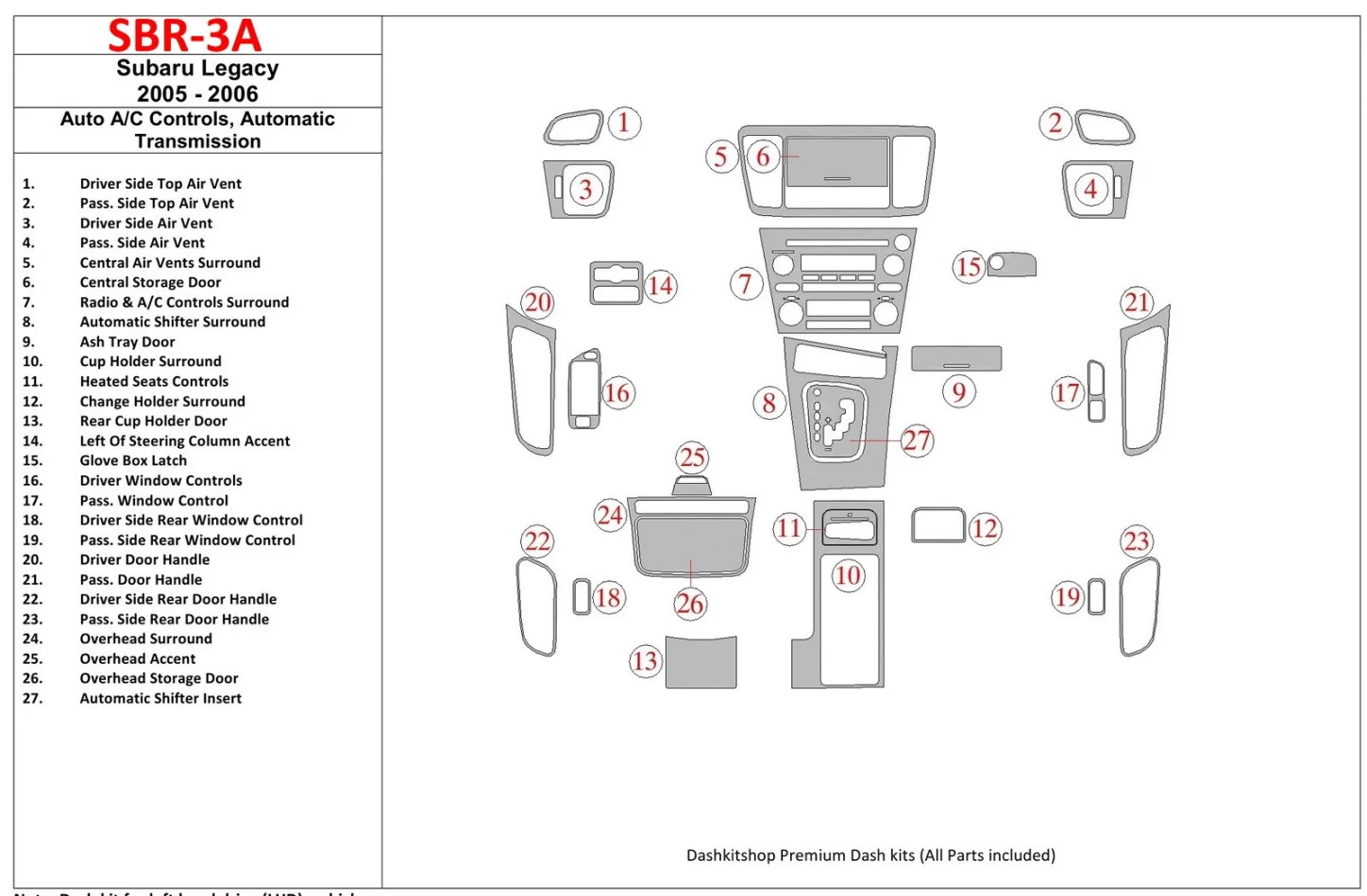 Subaru Legacy 2005-2006 Auto AC Control, súprava automatickej prevodovky interiéru BD Dash Trim Kit - 1