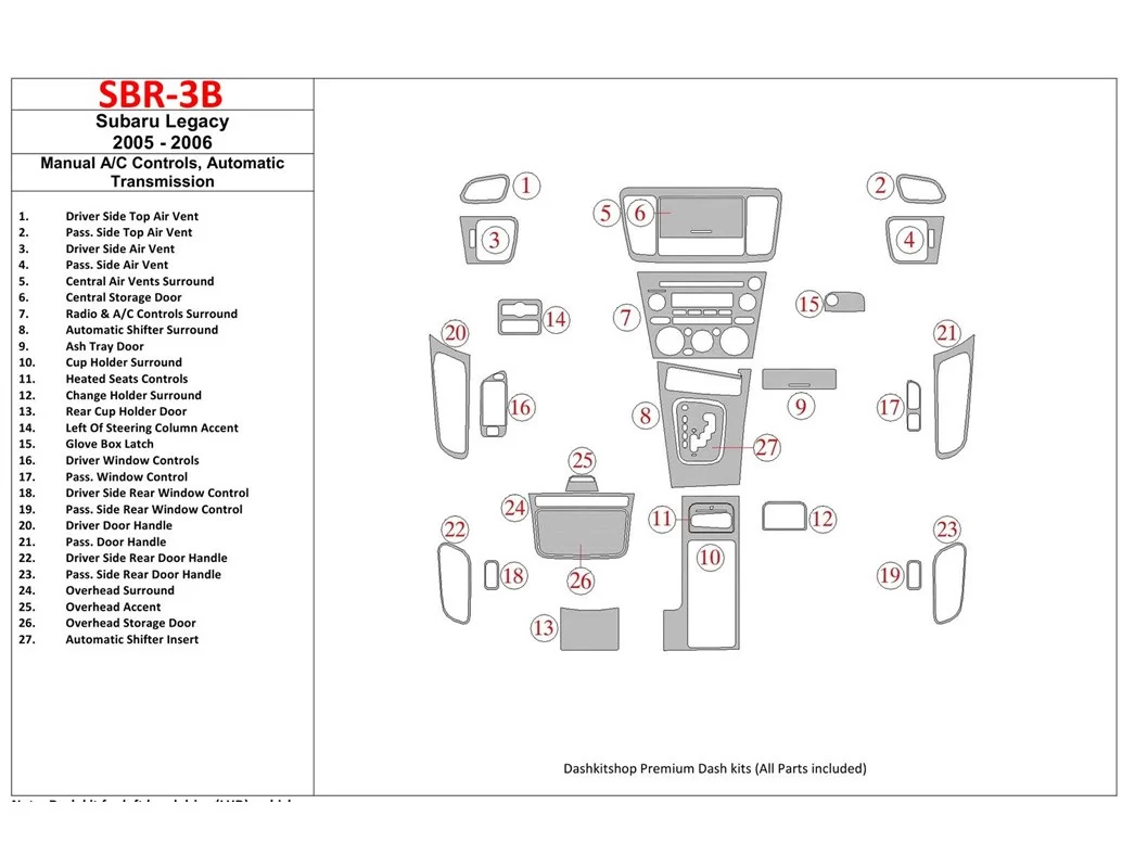 Subaru Legacy 2005-2006 Manuálna prevodovka AC ovládanie, interiér automatickej prevodovky BD Dash Trim Kit - 1