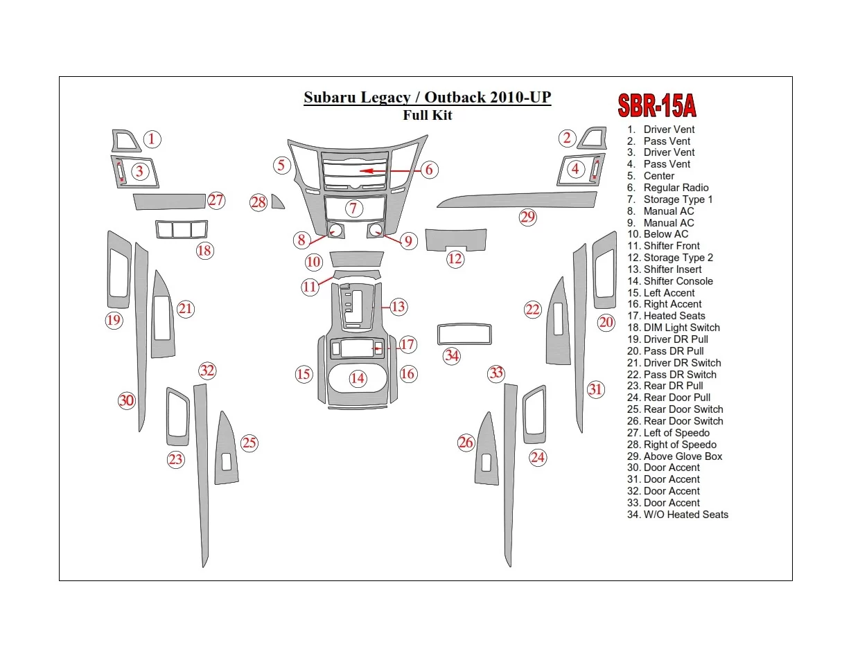 Subaru Legacy 2010-2014 Súprava 3D obloženia palubnej dosky interiéru Dekorácia palubnej dosky 47 dielov - 1