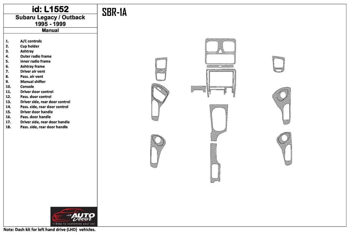 Subaru Legacy Outback 1995-1999 manuálna prevodovka, sada 18 dielov Interiér Súprava obloženia palubnej dosky BD - 1