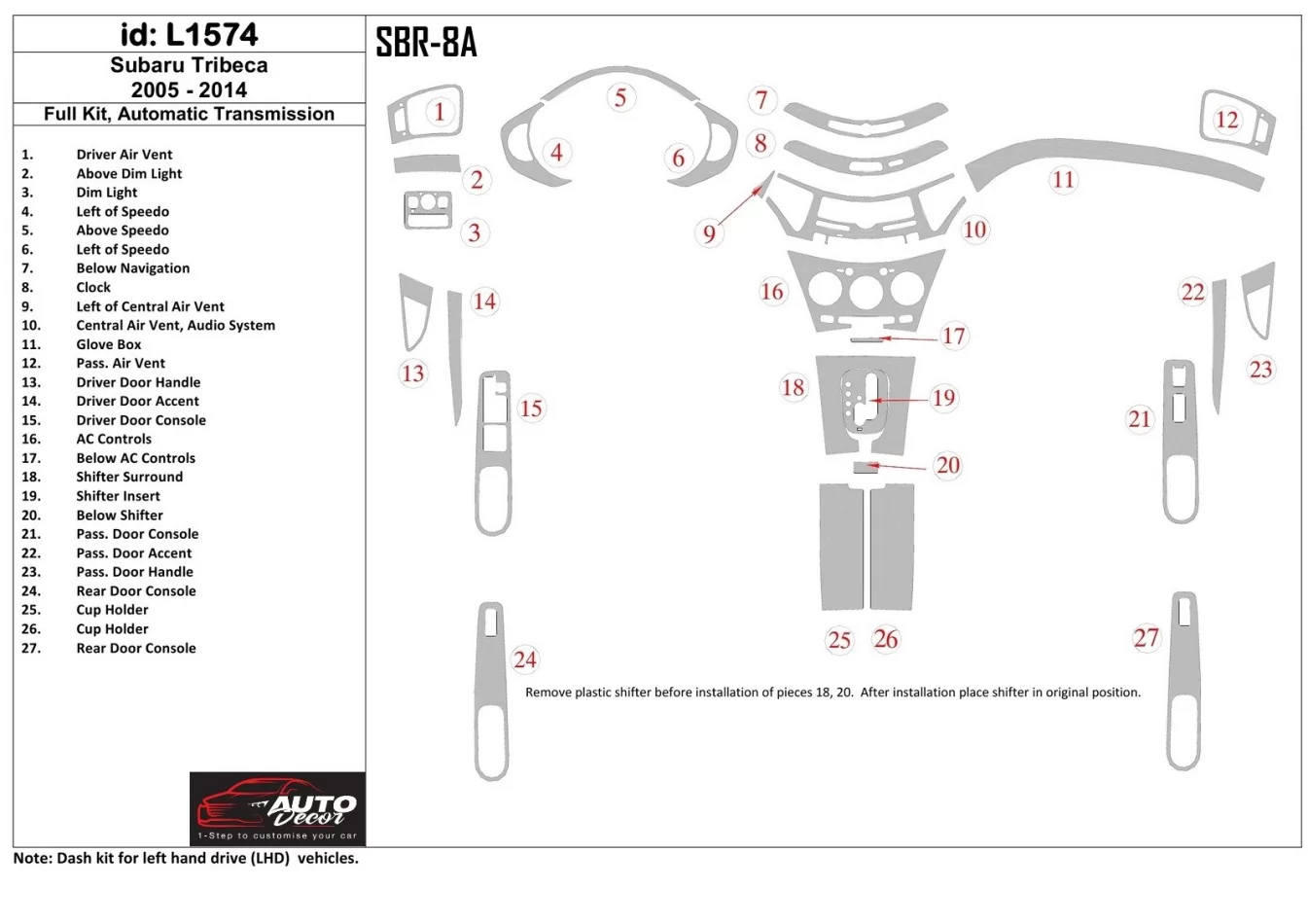 Kompletná sada Subaru Tribeca 2006-UP, súprava obloženia interiéru automatickej prevodovky BD - 1