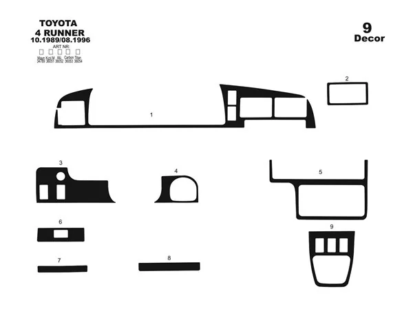 Toyota 4 Runner 10,89-08,96 3D súprava obloženia palubnej dosky interiéru 9-dielna súprava obloženia palubnej dosky