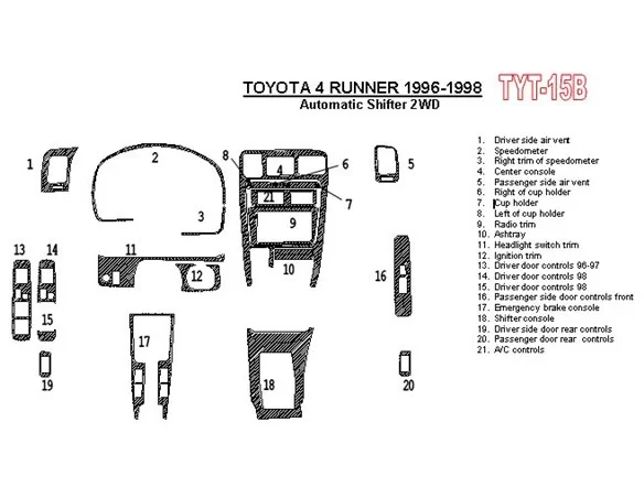 Toyota 4 Runner 1996-1998 Automatická prevodovka, 2WD, 21 súprava dielov Interiér BD Dash Trim Kit - 1