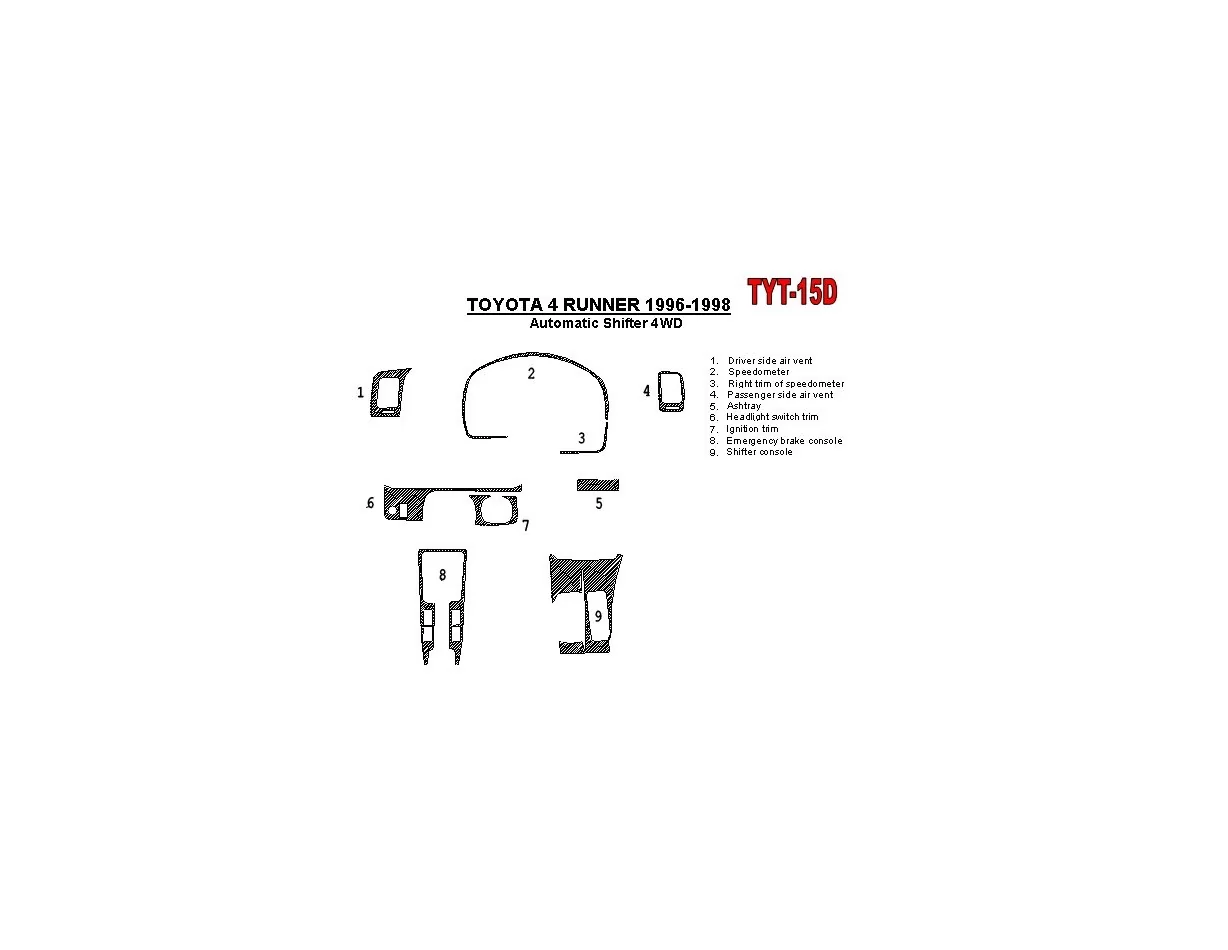 Toyota 4 Runner 1996-1998 Automatická prevodovka, 4WD, OEM zhoda, Súprava 10 dielov Interiér BD Dash Trim Kit - 1