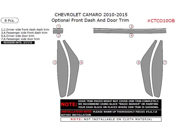 Súprava vnútornej palubnej dosky Chevrolet Camaro 2010-2015, voliteľná predná palubná doska a obloženie dverí, 8 ks.