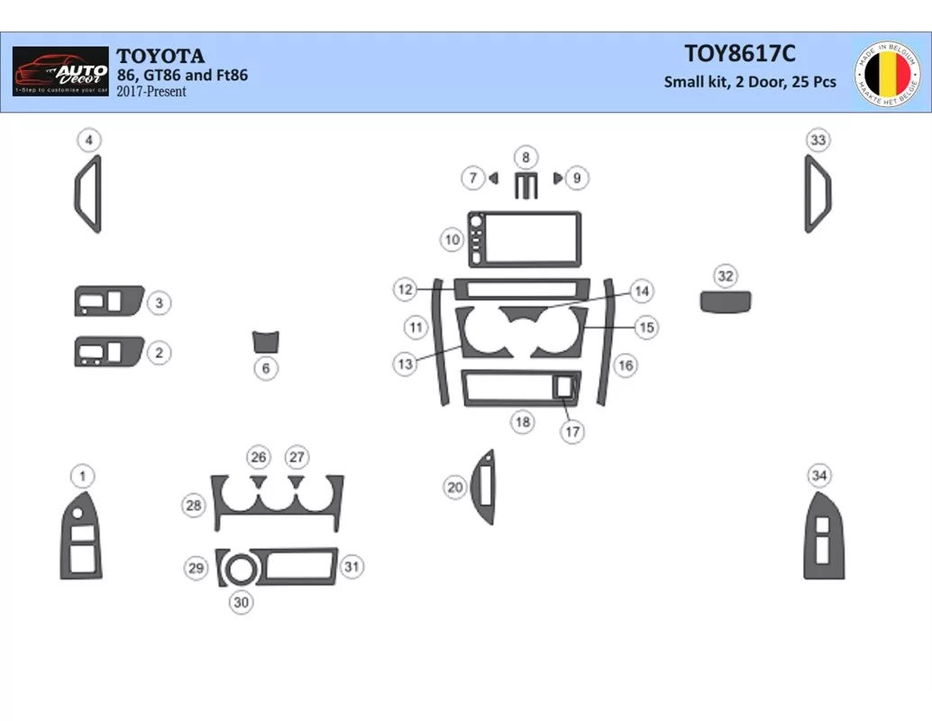 Toyota 86 2017-2021 Súprava 3D obloženia palubnej dosky interiéru Dekorácia palubnej dosky 25 dielov - 1