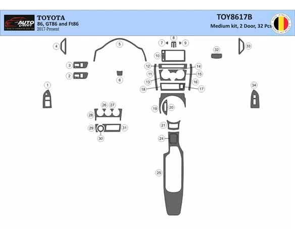 Toyota 86 2017-2021 3D súprava obloženia palubnej dosky interiéru 32-dielna súprava obloženia palubnej dosky - 1
