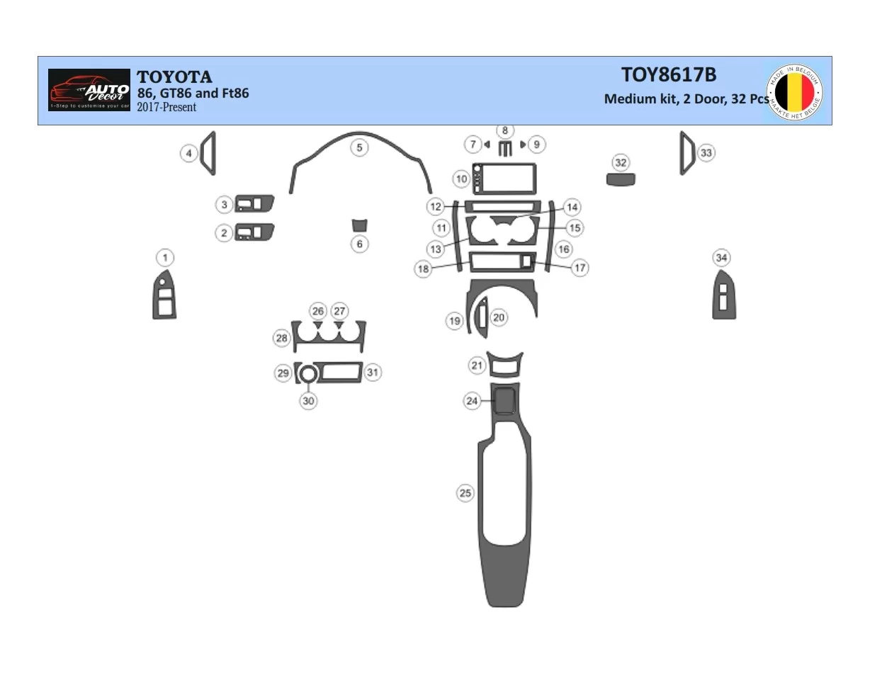 Toyota 86 2017-2021 3D súprava obloženia palubnej dosky interiéru 32-dielna súprava obloženia palubnej dosky - 1