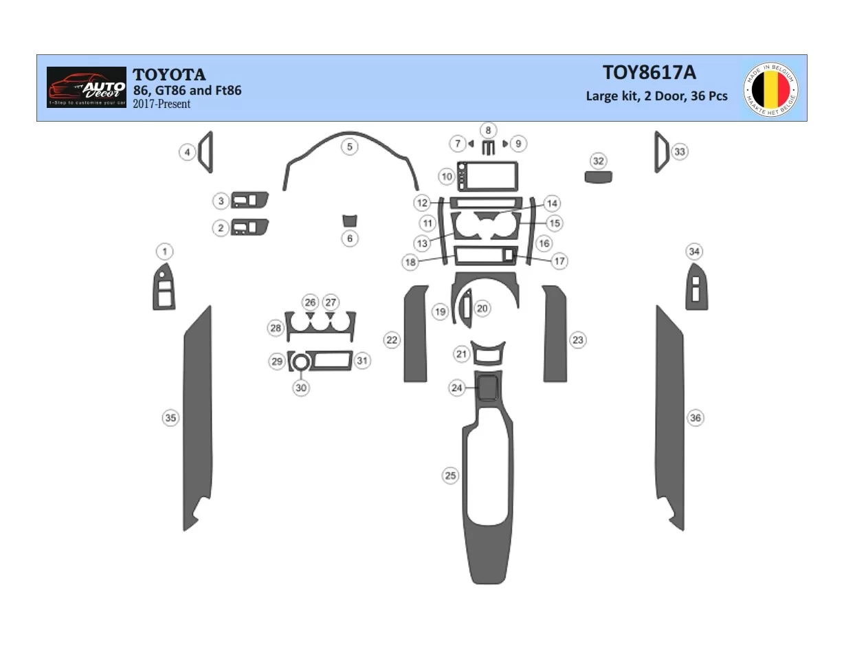 Toyota 86 2017-2021 3D súprava obloženia palubnej dosky interiéru 36-dielna súprava obloženia palubnej dosky - 1
