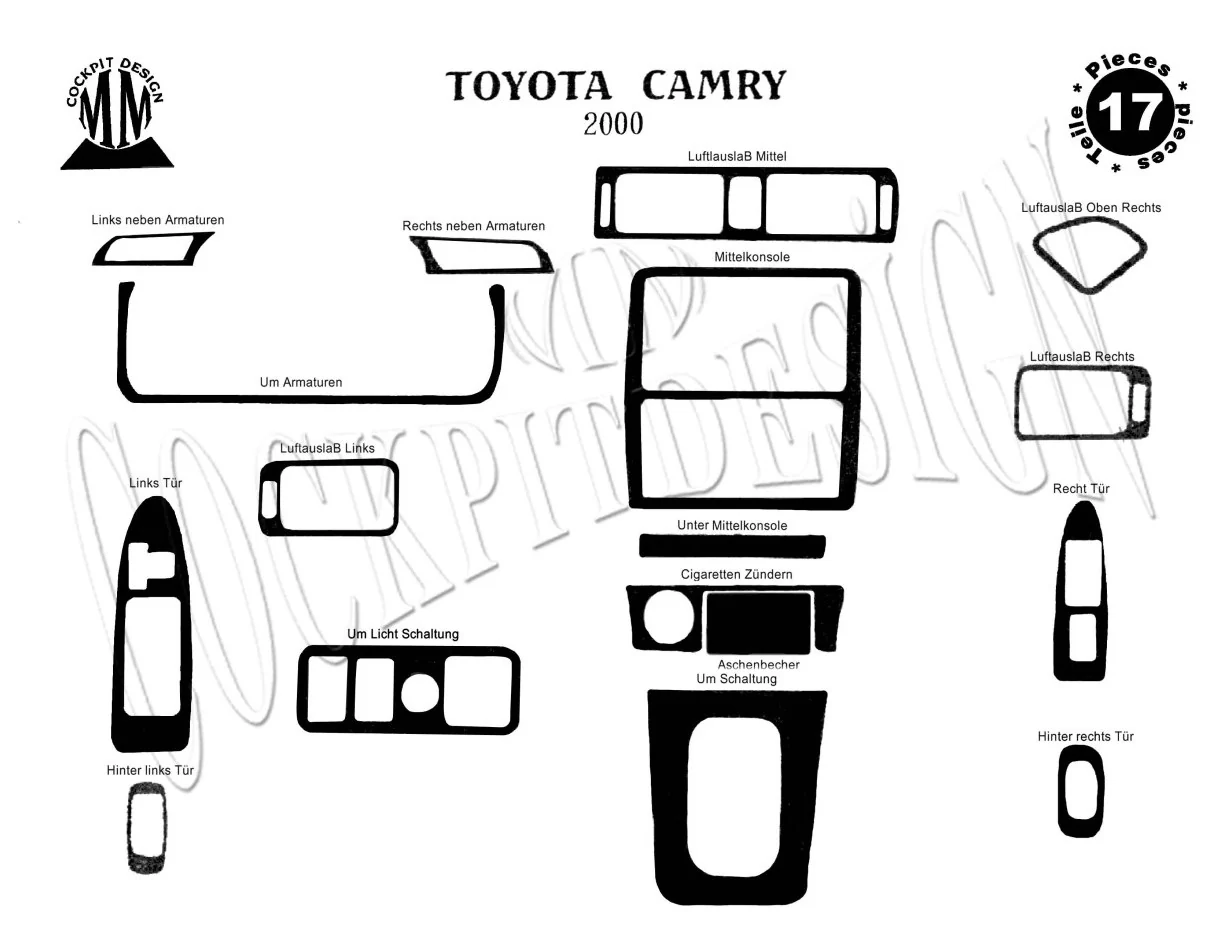 Toyota Camry 01.00-12.02 Súprava obloženia palubnej dosky 3D interiéru 17 dielov - 1