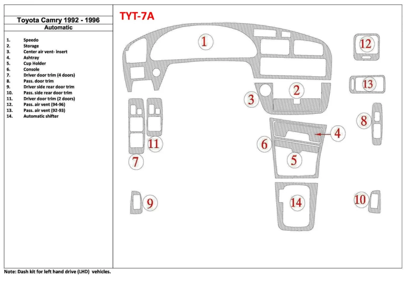 Toyota Camry 1992-1996 automatická prevodovka, sada 14 dielov Interiér BD Dash Trim Kit - 1
