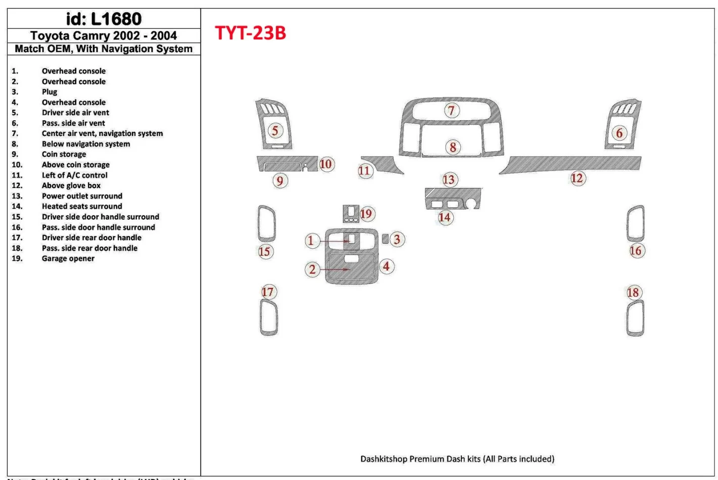 Základná súprava Toyota Camry 2002-2004, so systémom NAVI, bez súpravy OEM interiéru BD Dash Trim Kit - 1
