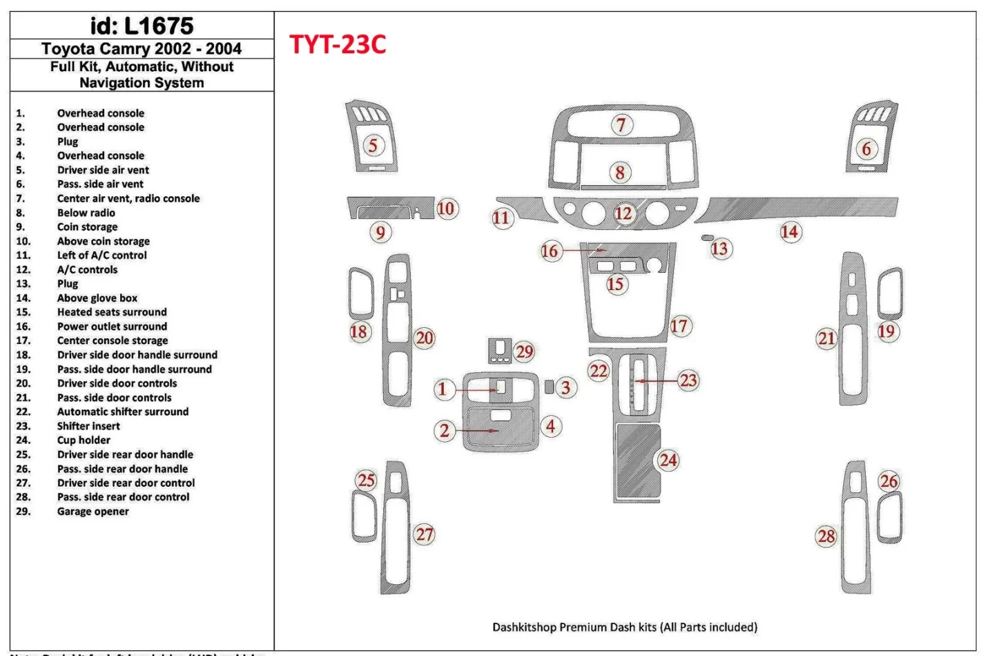 Kompletná súprava Toyota Camry 2002-2004, Automatická prevodovka, Bez systému NAVI, Bez OEM súpravy vnútorného obloženia BD Dash