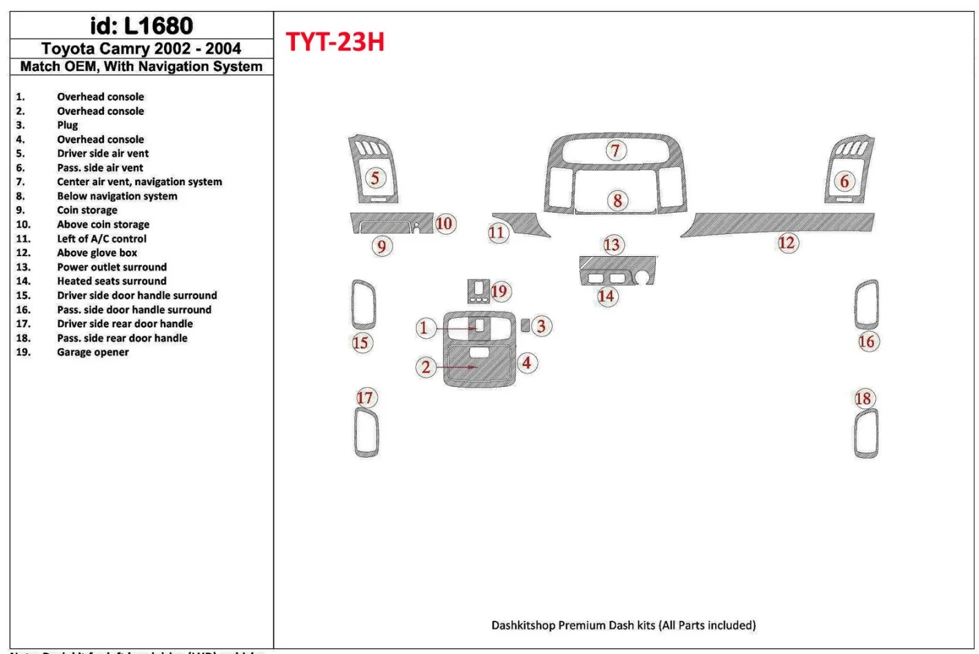 Toyota Camry 2002-2004 OEM zhoda, so systémom NAVI Interiér BD Dash Trim Kit - 1