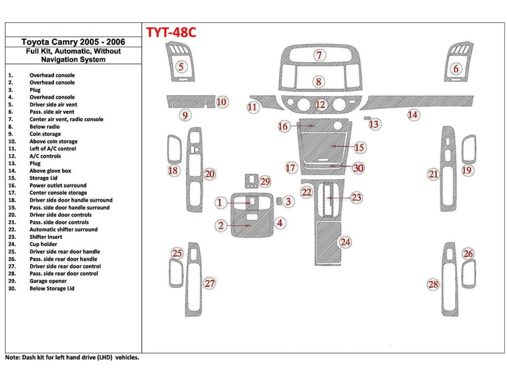 Kompletná sada Toyota Camry 2005-2006, Automatická prevodovka, Bez systému NAVI, Bez súpravy OEM interiéru BD Dash Trim Kit - 1
