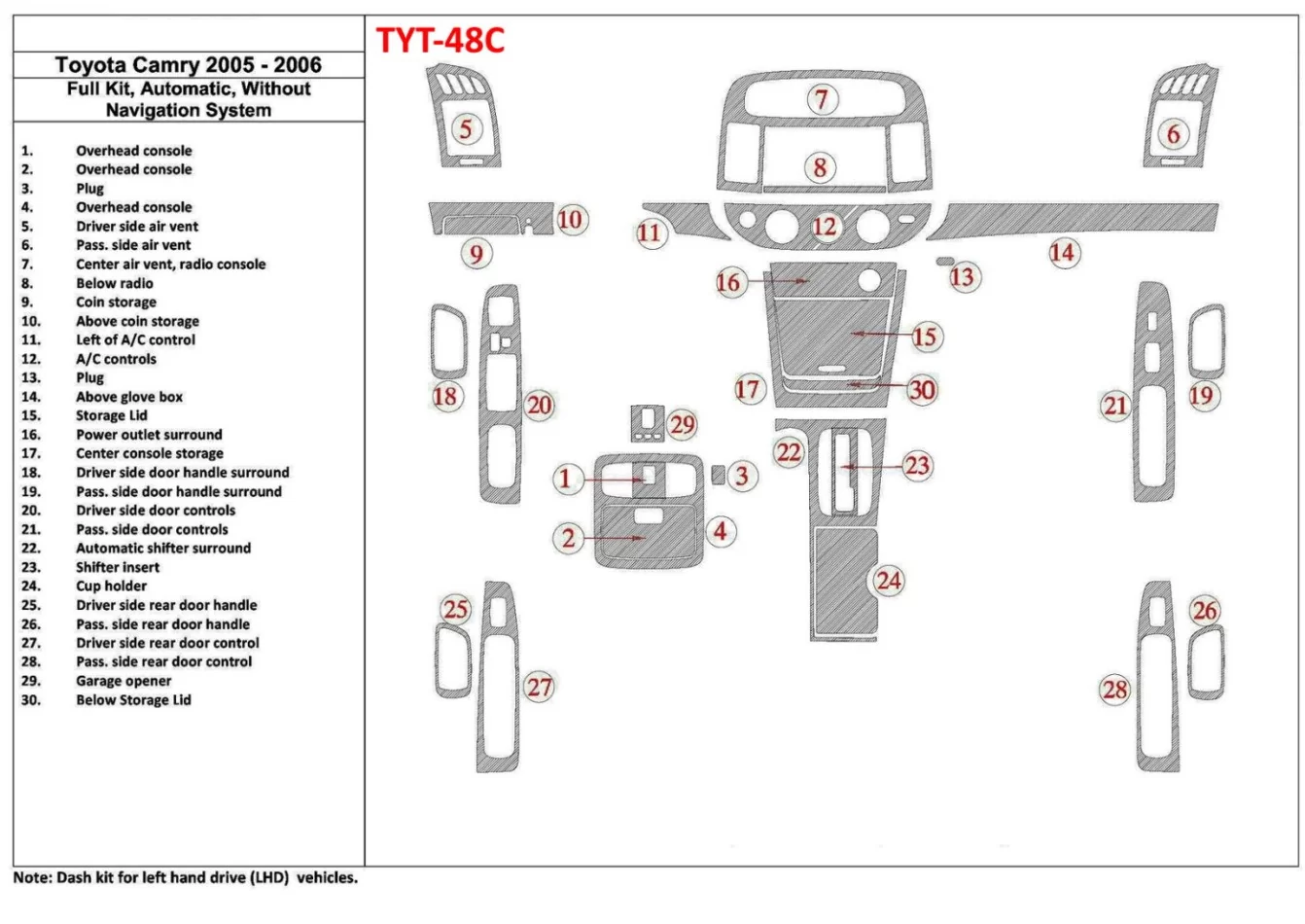Kompletná sada Toyota Camry 2005-2006, Automatická prevodovka, Bez systému NAVI, Bez súpravy OEM interiéru BD Dash Trim Kit - 1