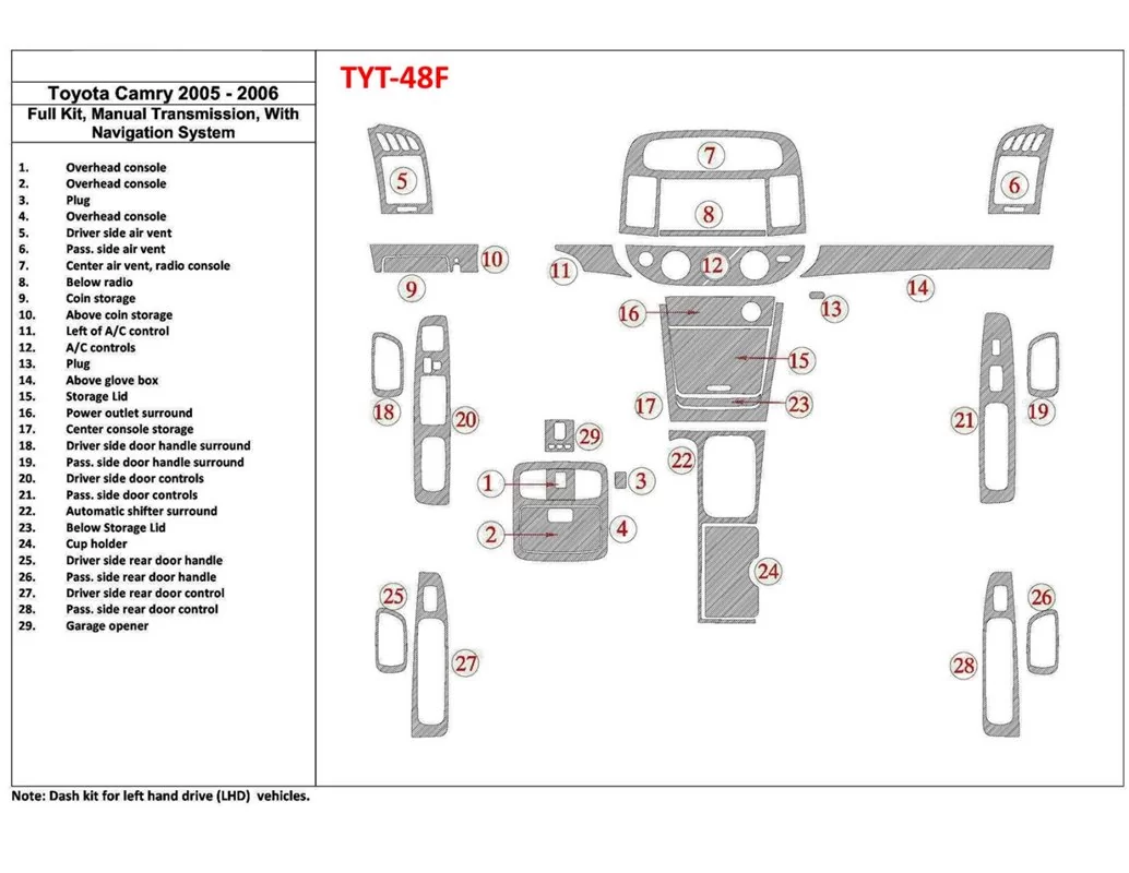 Toyota Camry 2005-2006 Kompletná sada, Manuálna prevodovka, So systémom NAVI, Bez OEM interiéru BD Dash Trim Kit - 1