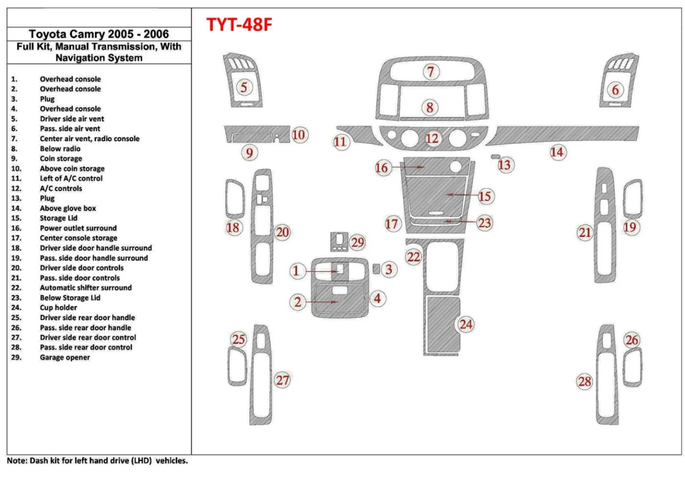 Toyota Camry 2005-2006 Kompletná sada, Manuálna prevodovka, So systémom NAVI, Bez OEM interiéru BD Dash Trim Kit - 1