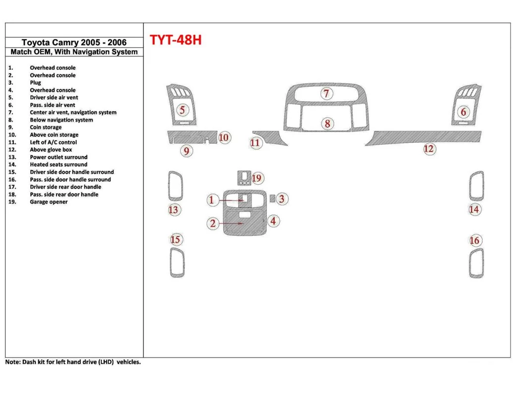 Toyota Camry 2005-2006 OEM zhoda, so systémom NAVI Interiér BD Dash Trim Kit - 1