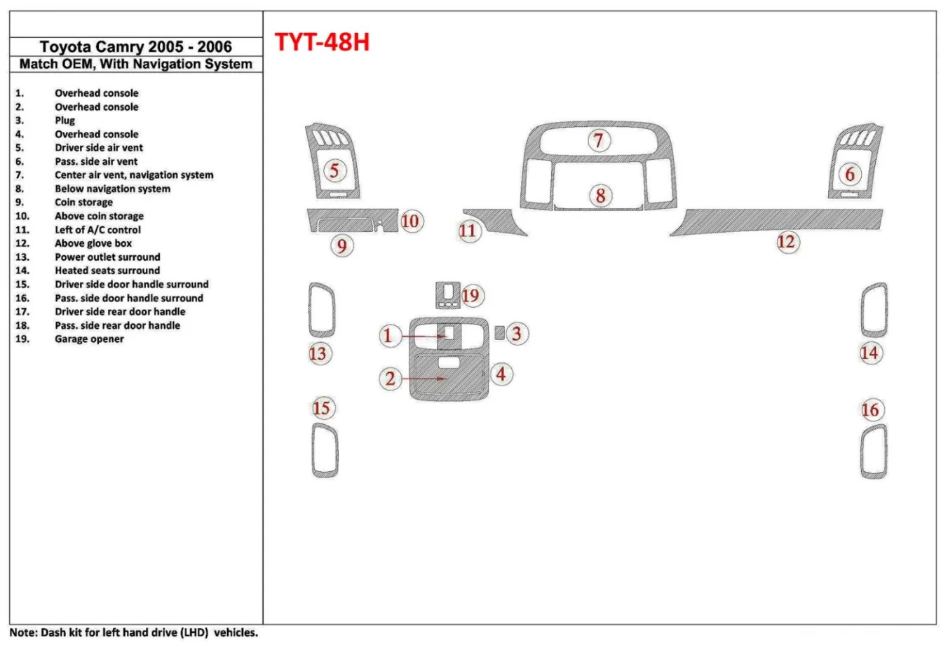 Toyota Camry 2005-2006 OEM zhoda, so systémom NAVI Interiér BD Dash Trim Kit - 1