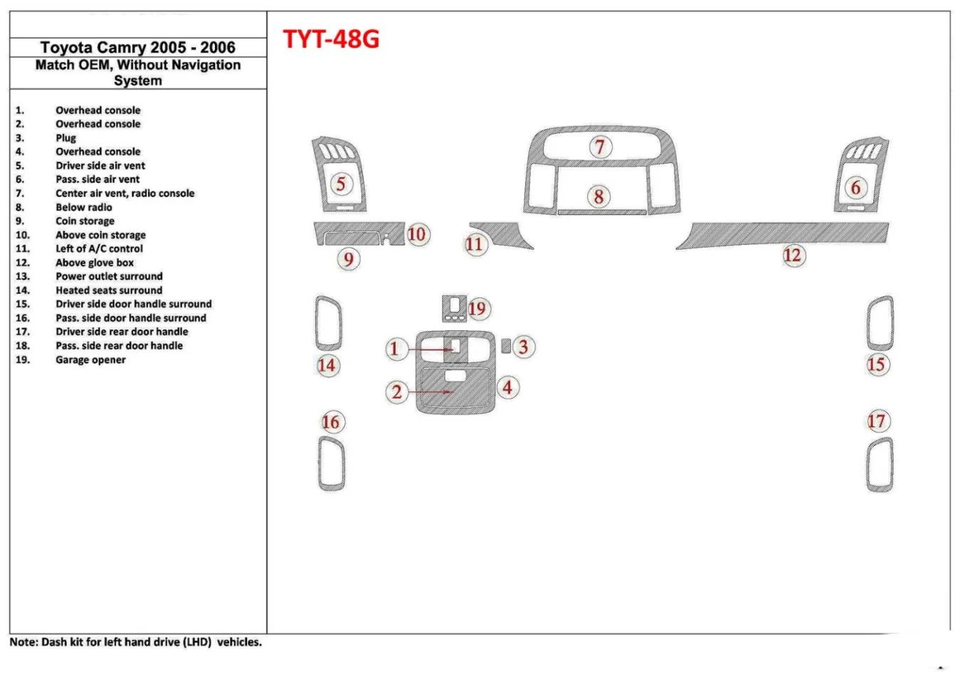 Toyota Camry 2005-2006 OEM zhoda, bez systému NAVI Interiér BD Dash Trim Kit - 1