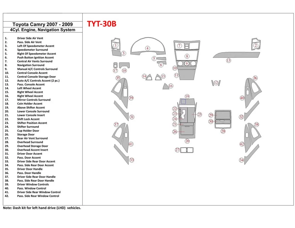 Kompletná sada Toyota Camry 2007-2010, 4 valce s interiérom NAVI BD Dash Trim Kit - 1