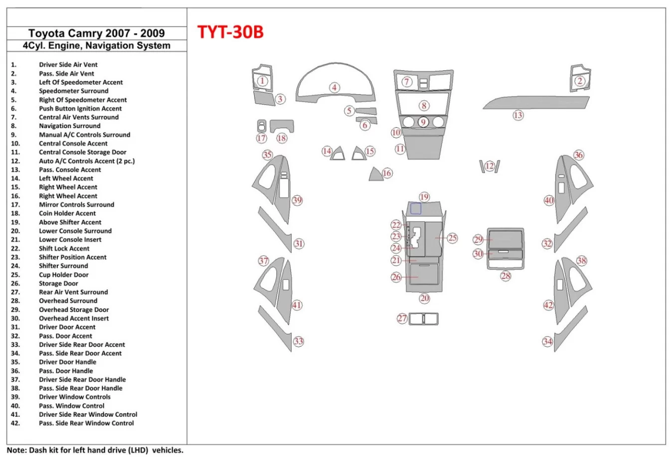 Kompletná sada Toyota Camry 2007-2010, 4 valce s interiérom NAVI BD Dash Trim Kit - 1