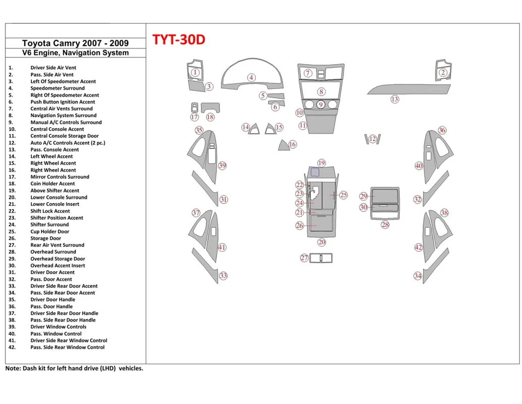 Kompletná sada Toyota Camry 2007-2010, 6 valcov s interiérom NAVI BD Dash Trim Kit - 1