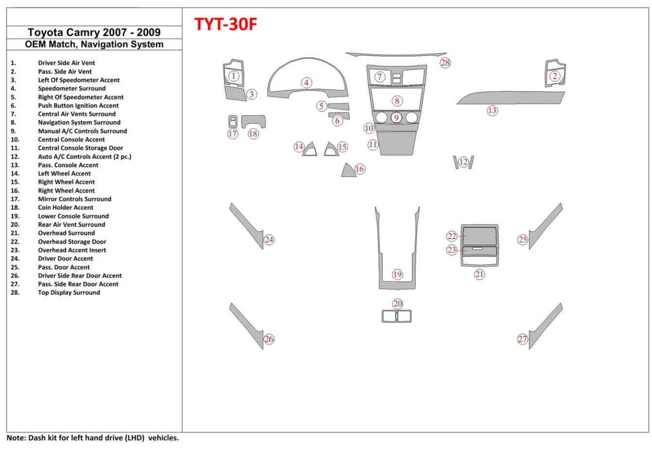 Kompletná sada Toyota Camry 2007-2010, s OEM súpravou dreva, so súpravou NAVI interiéru BD Dash Trim Kit - 1