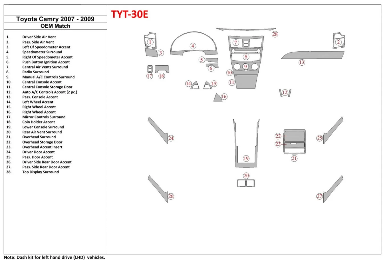 Kompletná sada Toyota Camry 2007-2010, s OEM súpravou dreva, bez súpravy NAVI Interiér BD Dash Trim Kit - 1