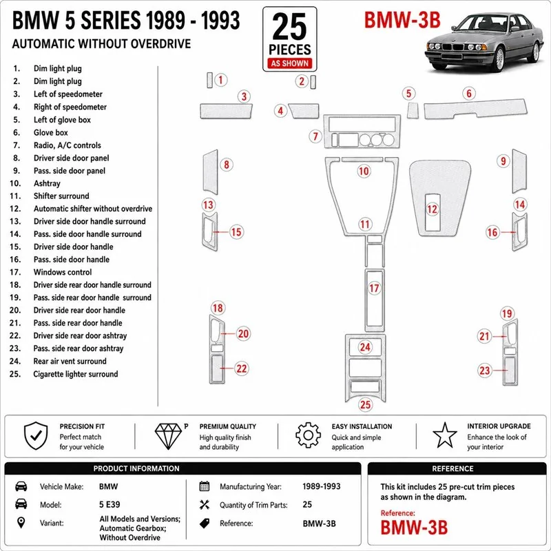 BMW 5 E34 1989-1993 automatická prevodovka, Without Overdrive 3D dekor palubnej dosky, 25 dielov